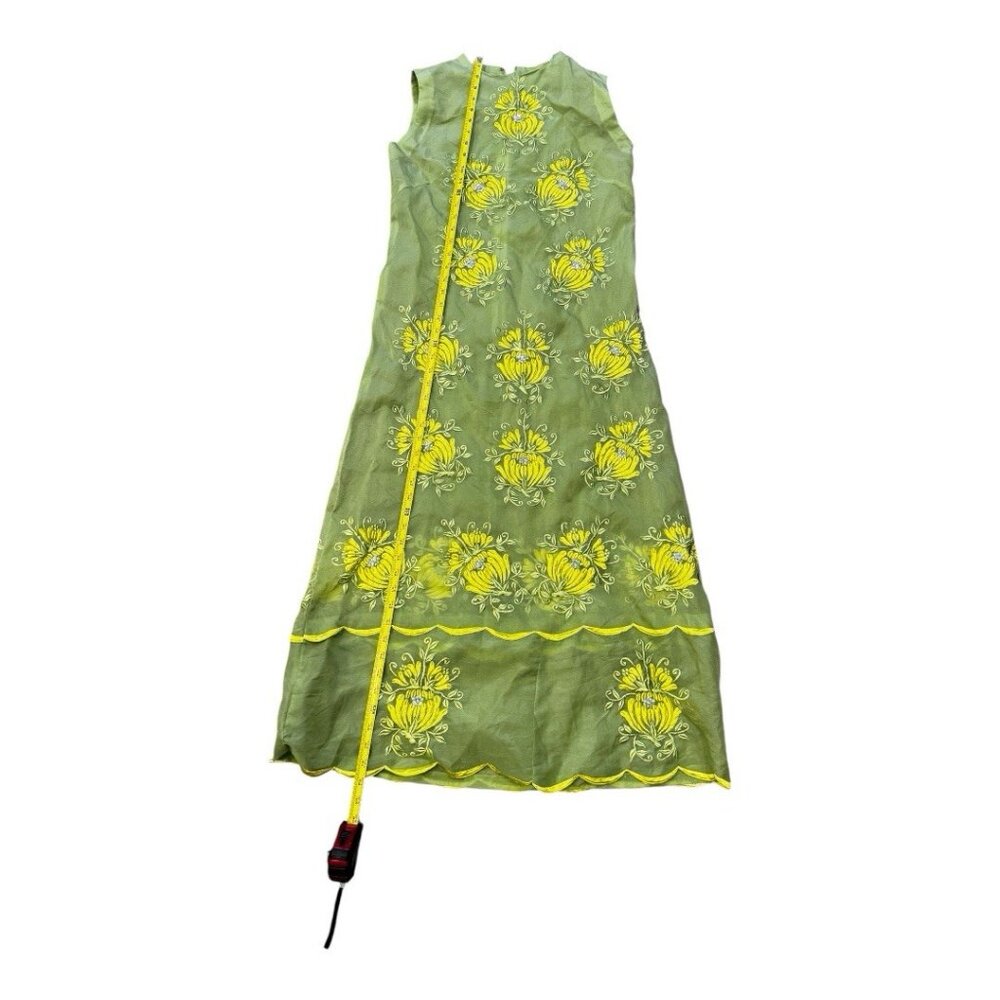 Womans Sheer Sleeveless One Piece Maxi Dress Green with Embroidered Flowers Sz M - Picture 4 of 5